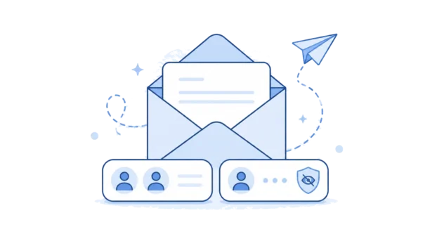 Email envelope with visible and hidden recipient icons showing CC and BCC