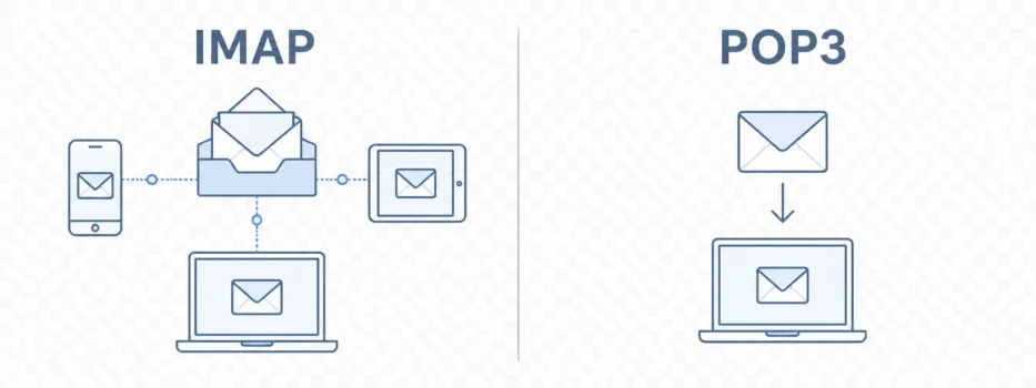 IMAP and POP3 comparison showing one inbox syncing across multiple devices versus mail downloading to one laptop