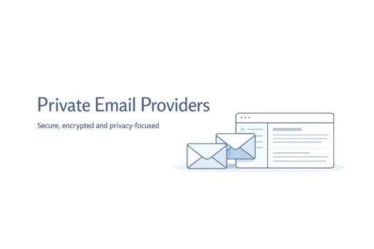 Illustration of private email providers with email envelopes and an inbox interface.