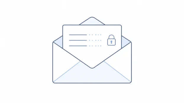 Minimal line-art envelope with a paper inside and a small padlock icon, representing encrypted email.