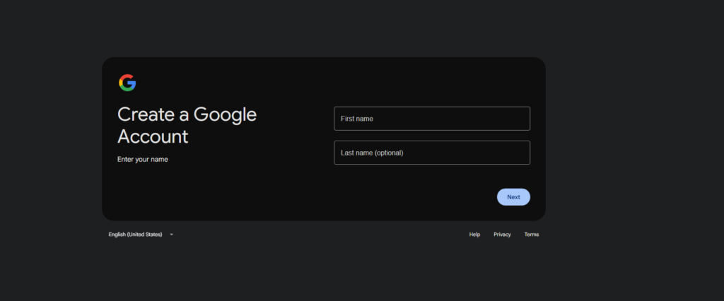 Google account creation page asking for a first name and optional surname