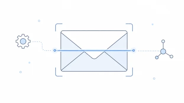 Minimal line-art envelope being scanned by an automated system, with a scan line, gear and connected nodes.