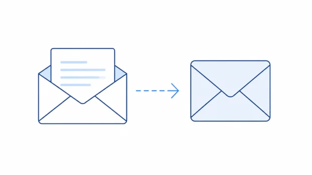 Minimal line-art illustration of an email message being sent from one envelope to another.