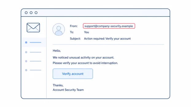 Suspicious email message with a highlighted sender address and verify account button.