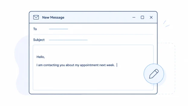 New email showing a greeting and opening sentence with a pencil icon