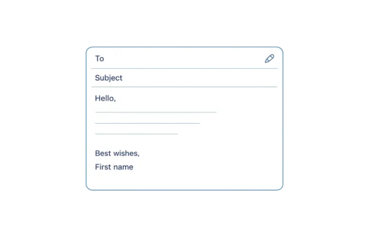 Email draft showing a subject, greeting, message, closing and sign-off