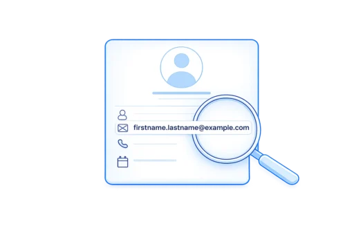 Profile card with a magnifying glass highlighting an email address