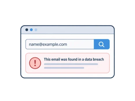 Email breach checker showing an email address search and a warning that the address was found in a data breach.