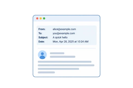 Illustration of an email showing the visible header with From, To, Subject and Date fields