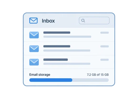 Email inbox showing stored messages and a storage usage bar displaying 7.2 GB of 15 GB used.
