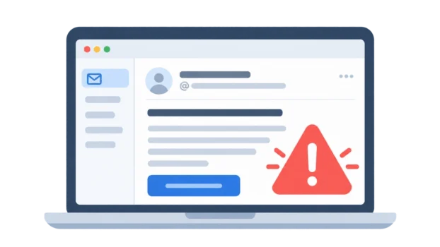Illustration of a suspicious email displayed on a laptop screen with a red warning symbol.