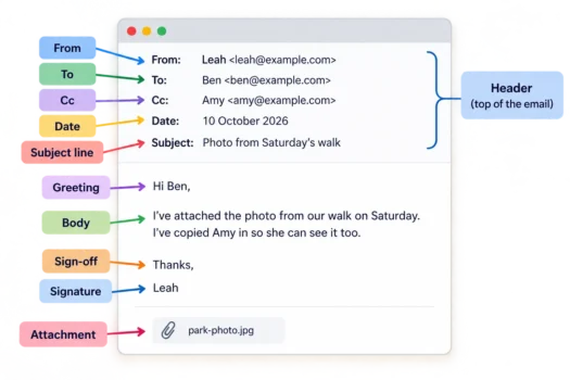 Diagram showing the parts of an email, including From, To, Cc, date, subject line, greeting, body, sign-off, signature and attachment.