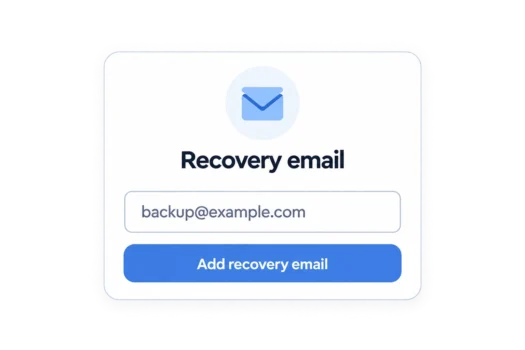 Recovery email form showing a backup email address field and an Add recovery email button.