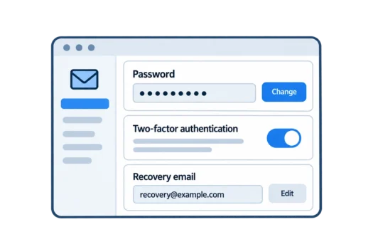 Illustration of email account security settings showing a password, two-factor authentication and recovery email.